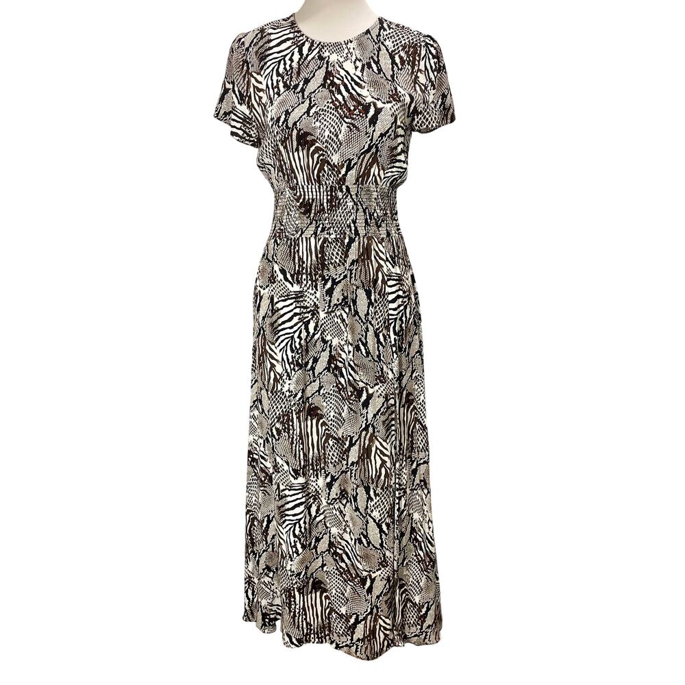 Aritzia Wilfred Maxime Maxi Dress Brown White Zebra Snake Animal Slit Size Small